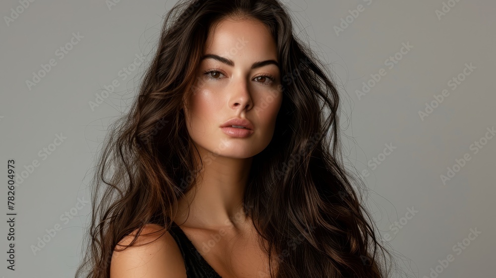 A stunning official photo of a fashionable brunette with long hair showcasing her confidence and poise   AI generated illustration - obrazy, fototapety, plakaty 