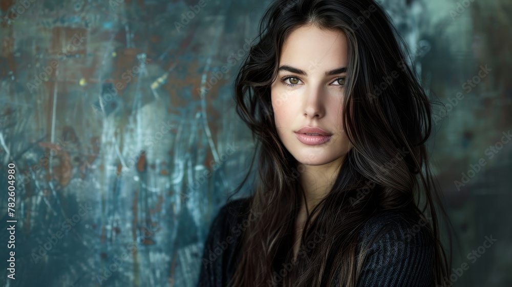A stunning mid-body portrait of a stylish brunette female with long hair set against a contrasting background AI generated illustration A stunning mid-body portrait of a stylish brunette female with long hair set against a contrasting background AI generated illustration
