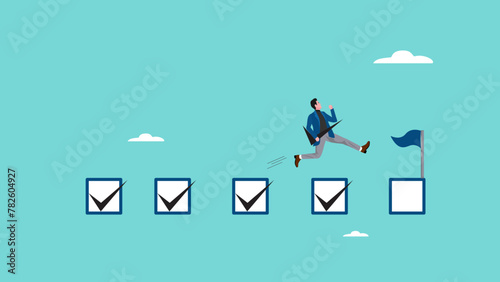 Goals accomplished with Businessman carrying big tick mark to get work done concept illustration, completing work or achieving business goal, Check and track, task management to achieve career success