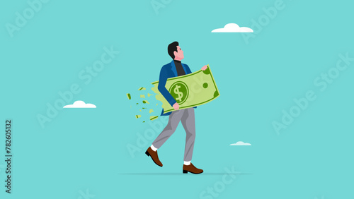lost money investment in economic recession or falling stock market value, businessman holding large dollar banknotes that are crumbling and decreasing in value concept vector illustration
