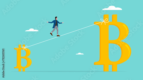 cryptocurrency investment growth high risk high reward, cryptocurrency investment return or profit increase, businessman investors walk a tightrope from small bitcoin to bigger bitcoin
