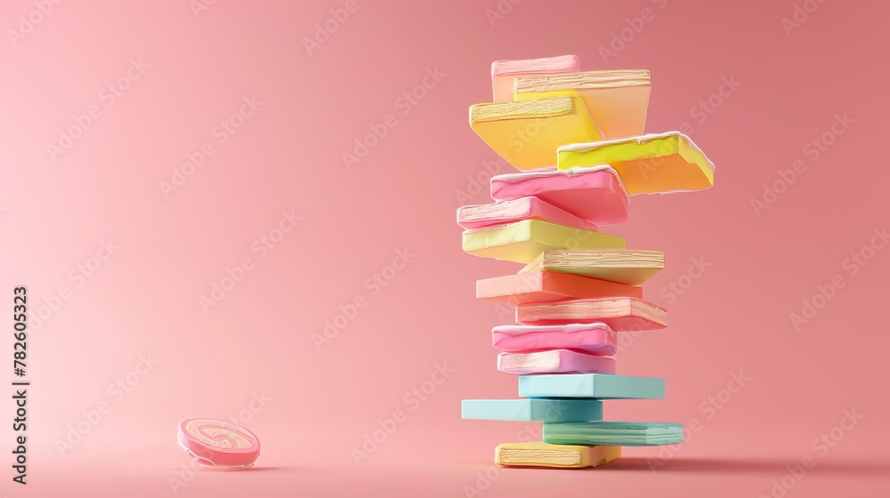 A tower of colorful layer cake slices d style isolated flying objects memphis style d render  AI generated illustration