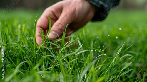 Closeup man's hand inspecting green grass lawn, healthy tall fescue, water, watering, damaged grass, new over seed grass, fertilizer application,