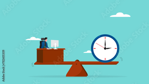work life balance, flexible working hours, time management for work, businessman working on desk with seesaw and clock balance concept vector illustration