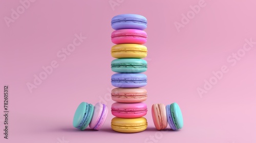 A tower of rainbow-colored macarons d style isolated flying objects memphis style d render AI generated illustration