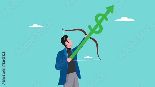 increase in dollar value, professional businessman shoots an arrow with a dollar symbol towards the high sky concept vector illustration