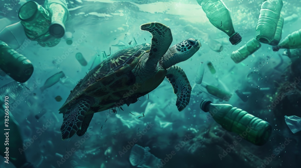 Fototapeta premium Sea turtle swimming in ocean invaded by plastic bottles. Pollution in oceans concept.