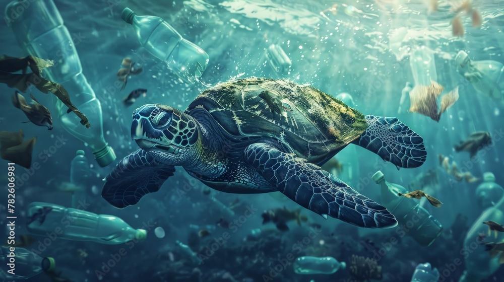 Turtle Sea Pollution Drawind Sea turtle swimming in ocean invaded by plastic bottles. Pollution in ...