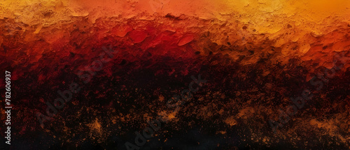 Yellow burnt orange red fiery golden brown black abstract background. Rough grain noise color gradients with copy space