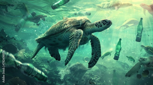 Sea turtle swimming in ocean invaded by plastic bottles. Pollution in oceans concept. © chanidapa