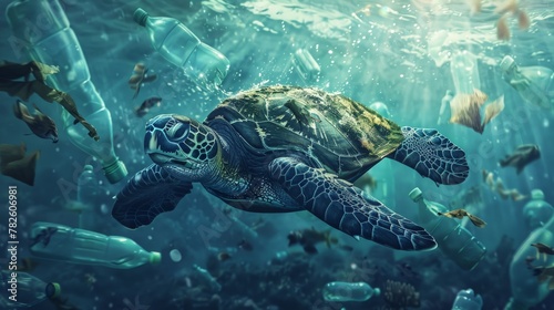 Sea turtle swimming in ocean invaded by plastic bottles. Pollution in oceans concept.