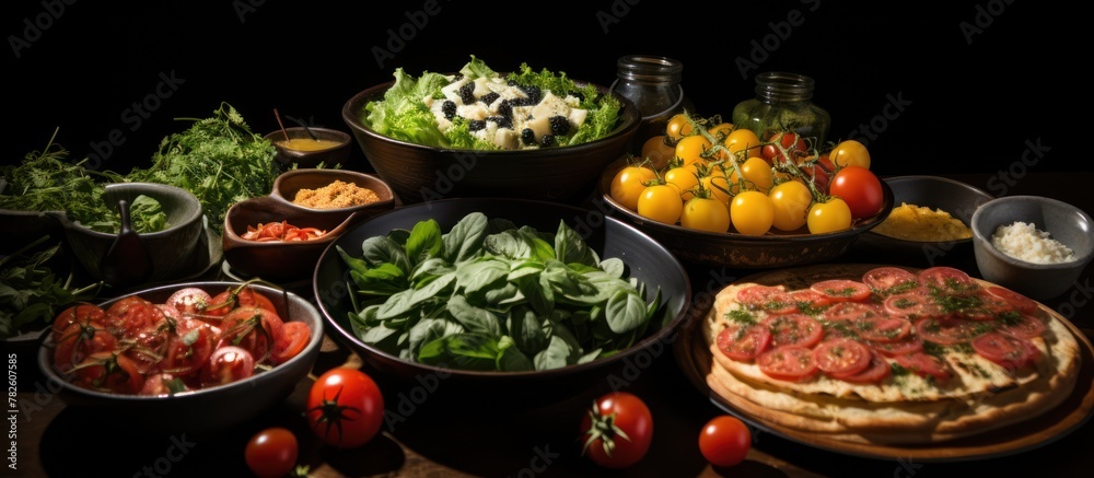Variety of salad ingredients including tomatoes, mozzarella, basil, olives, parmesan cheese and olive oil
