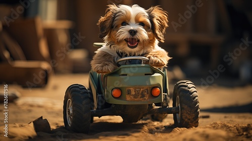 cute dog driving small retro car. Created with Generative AI. 
