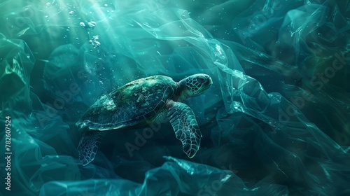 Turtle in plastic bag in ocean. Platic pollution problem. World oceans day concept. Environment concept