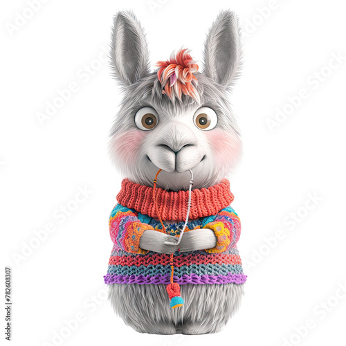 Close-up of a llama looking cozy in a sweater and scarf, adding an adorable touch to the image Isolated on transparent photo