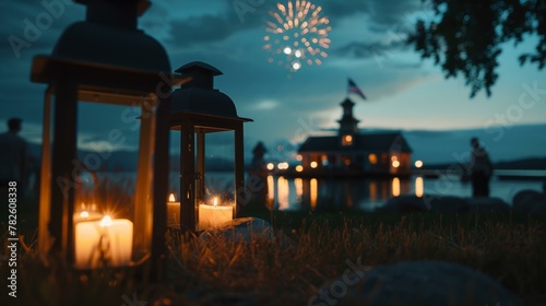 Evening 4th of July celebration by lake with fireworks, two lanterns, silhouetted figures, gazebo, and American flag, warm and cool tones. Copy space. photo