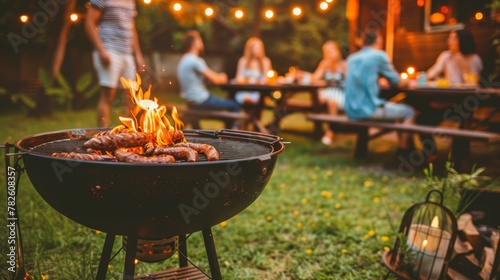 Summer barbecue party in backyard with six people, 4th of July, focus on grill with sausages, evening lights, warm tones. Copy space. photo