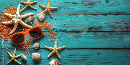 Summer beach accessories with starfish, seashells, and sunglasses on blue wooden background. Copy space.