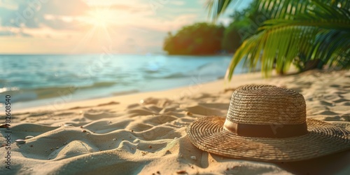 Straw hat on sandy beach at sunset with palm leaves and sea background, warm colors, vacation concept. Copy space.