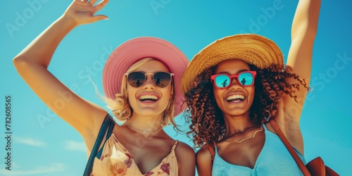 Two joyful women in summer hats and sunglasses under blue sky, blonde and African American, vibrant colors, friendship concept.