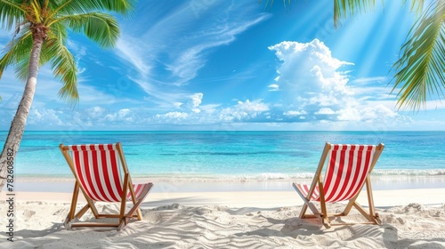 Two red and white striped beach chairs on sandy beach with palm trees  blue sky  and clear sea  seaside summer vacation. Copy space.