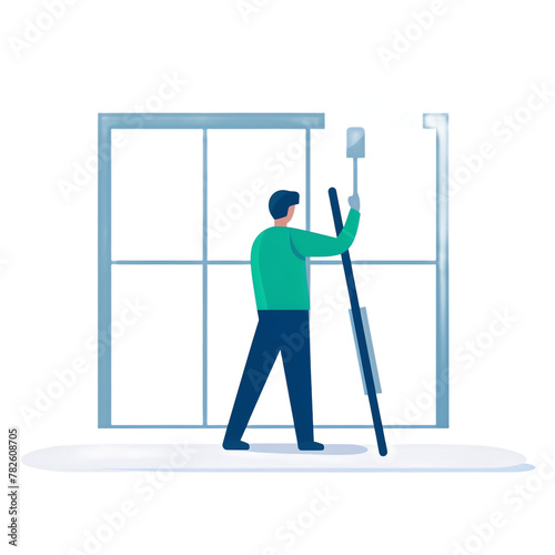 A man is cleaning the glass door with an oversized brush