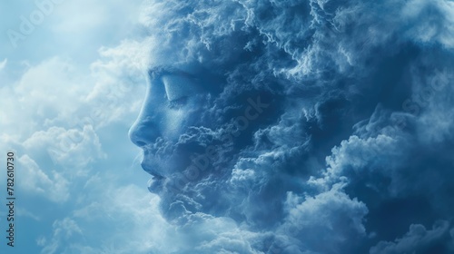 A young girl surrounded by clouds. Created with generative AI.