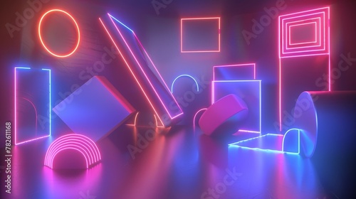Abstract shapes glowing in neon brilliance d style isolated flying objects memphis style d render AI generated illustration