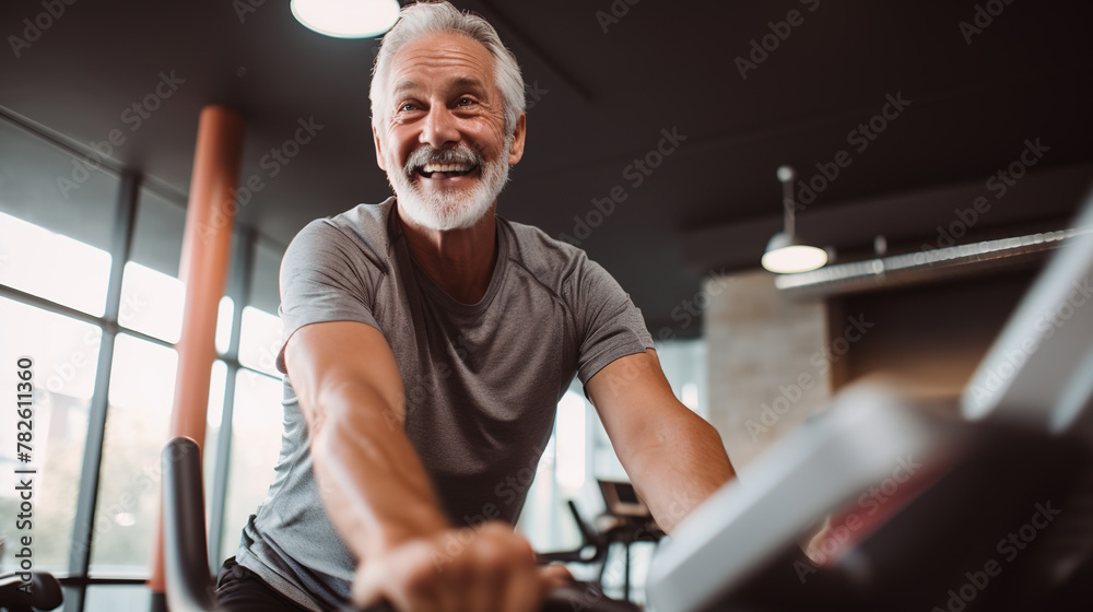 Senior man cycling intensely in a modern gym Senior man cycling intensely in a modern gym