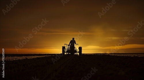 A silhouette of a lone farmer working late into the night using a biofuelpowered machine to prepare the soil for planting. The dim glow of the machines headlights highlights the determination .