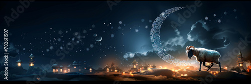 Greeting card with sacrificial sheep and crescent moon  on cloudy night sky. Ramadan, Eid al Fitr. Eid Al Adha Mubarak celebration card, banner, background with copy space photo
