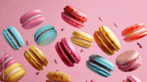 Wallpaper Mural An assortment of macarons in bright colors d style isolated flying objects memphis style d render   AI generated illustration Torontodigital.ca