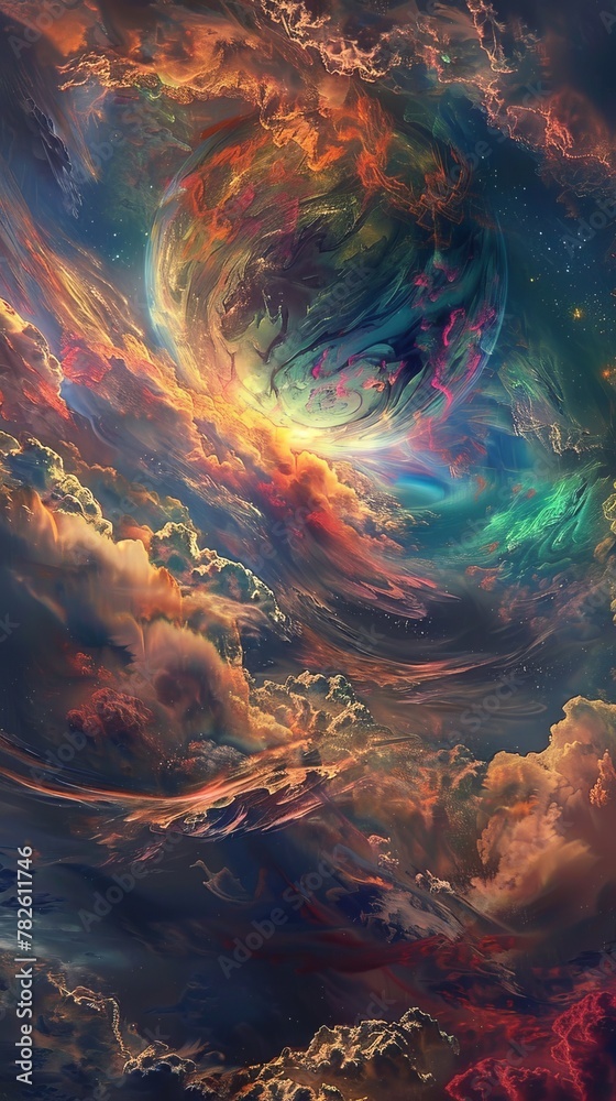 An otherworldly planet with swirling clouds and vibrant colors   AI generated illustration