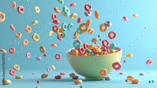 An overflowing bowl of fruity cereal loops d style isolated flying objects memphis style d render   AI generated illustration photo