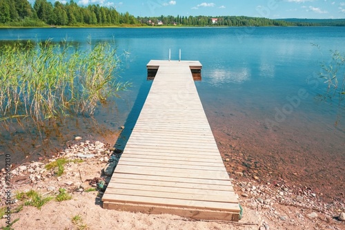 Photos Tranquil scene of a wooden dock stretching out into a peaceful lake surrounded b