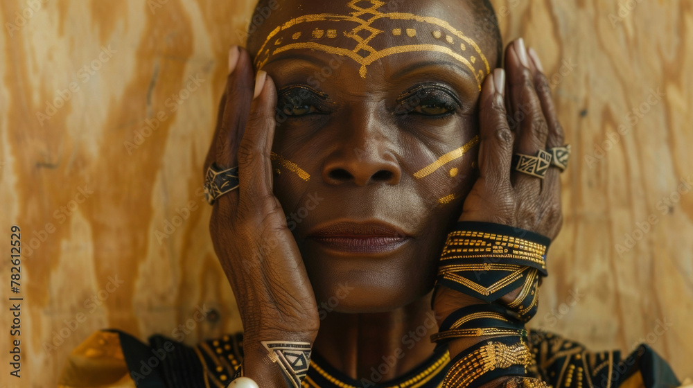 A mature black woman poses proudly her striking features accentuated by the geometric lines and rich earthy tones of traditional Mudcloth adorning her face and hands. With an elegant .
