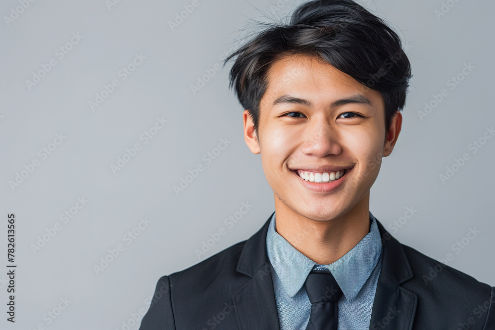 Confident Asian Businessman Smiling Against Gray Backdrop Confident Asian Businessman Smiling Against Gray Backdrop