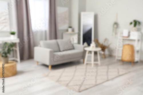 Light stylish living room with grey sofa  coffee table and carpet  blurred view
