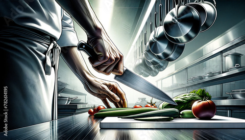 image of chef's hands In a professional kitchen holding knife about slicing vegetables