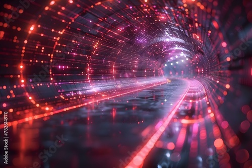 Neon Tech Tunnel: A Digital Odyssey. Concept Glowing Technology, Futuristic Aesthetics, Virtual Reality Experience, LED Lighting Designs, Infrastructural Innovations