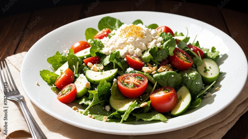 A fresh and healthy vegetarian dish with sliced tomatoes and crumbled feta cheese [vegetarian feta cheese salad]