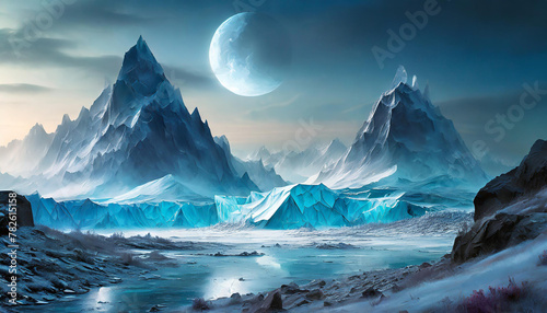 Moonlit icy landscape with jagged mountains and a misty atmosphere, creating a mystical scene. Generative Ai © homydesign