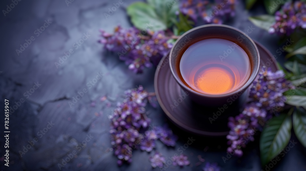 Zen Tea on violet background. The Calming Brew. Zen Tea on violet background. The Calming Brew.