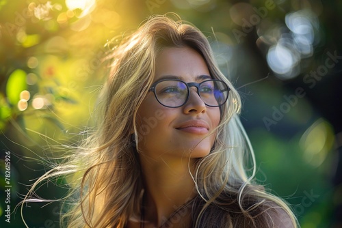 Capturing Joy and Freedom A Pretty Blonde Uruguayan Woman with Glasses, Radiating Happiness in an Outdoor Setting