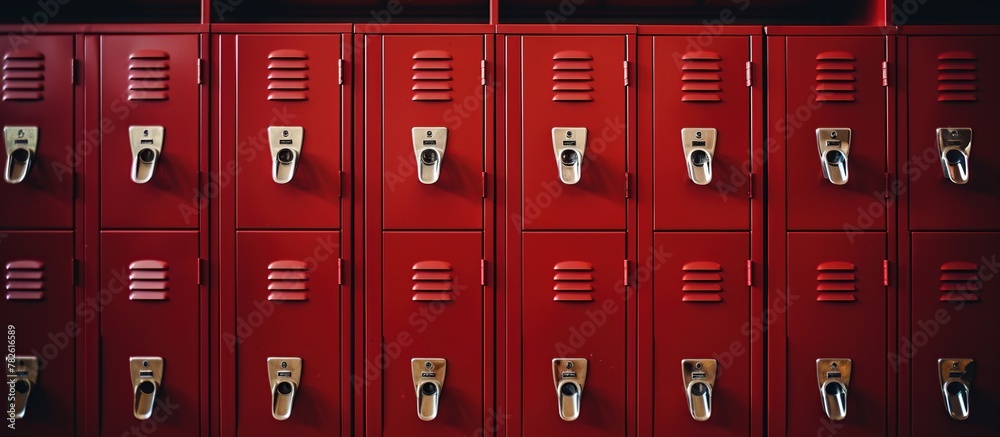 The front view looks closely at the rows of red high school lockers.