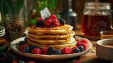 Homemade american Pancakes with Berries and Syrup