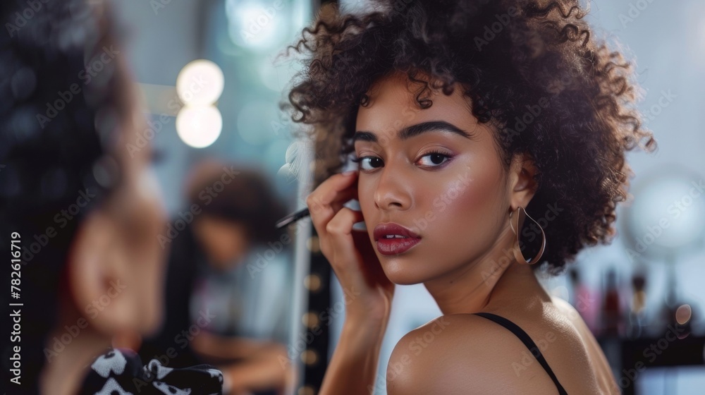 A photo of a model sitting in front of a mirror while a makeup artist stands behind them applying lipstick. The artists hands are steady and poised as they carefully enhance the models . - obrazy, fototapety, plakaty 