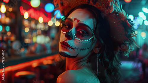 Woman celebrating Cinco de Mayo with traditional makeup