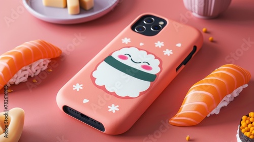 Blank mockup of a quirky sushi phone case with a playful cartoon illustration. .