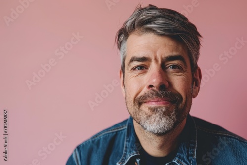 Portrait of handsome mature man with grey hair and beard. Isolated on pink background.